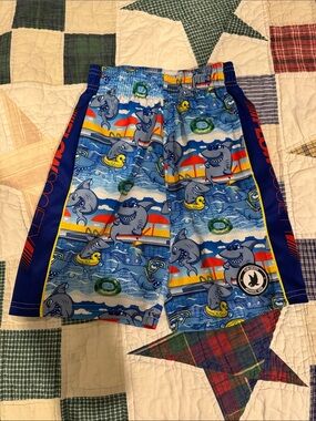 Blue Shark-Print Kids Swim Shorts with Elastic Waist